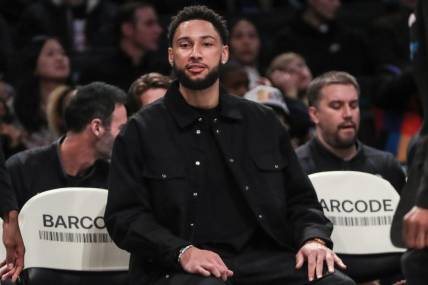 Feb 29, 2024; Brooklyn, New York, USA;  Brooklyn Nets guard Ben Simmons (not in uniform) sits on the bench in the first quarter against the Atlanta Hawks at Barclays Center. Mandatory Credit: Wendell Cruz-USA TODAY Sports