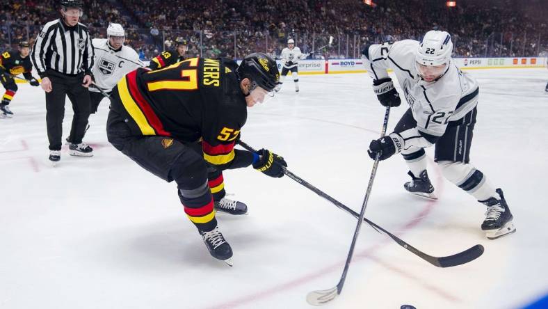 Feb 29, 2024; Vancouver, British Columbia, CAN; Vancouver Canucks defenseman Tyler Myers (57) battles with Los Angeles Kings forward Kevin Fiala (22) in the first period at Rogers Arena. Mandatory Credit: Bob Frid-USA TODAY Sports