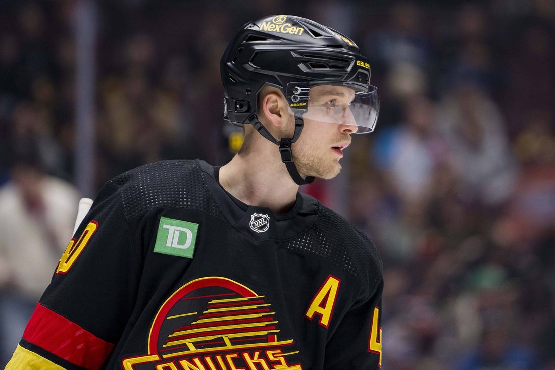 Feb 29, 2024; Vancouver, British Columbia, CAN; Vancouver Canucks forward Elias Pettersson (40) during a stop in play against the Los Angeles Kings in the first period at Rogers Arena. Mandatory Credit: Bob Frid-USA TODAY Sports