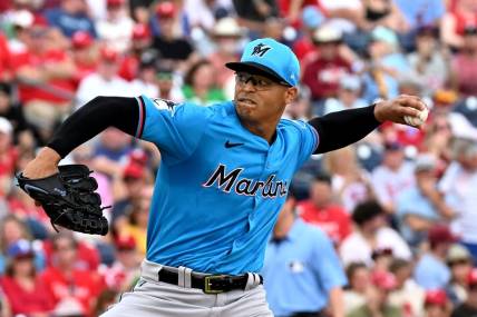 Mar 1, 2024; Clearwater, Florida, USA;  Miami Marlins  pitcher Jesus Luzardo (44) throws a pitch in the first inning of the spring training game against the Philadelphia Phillies at BayCare Ballpark. Mandatory Credit: Jonathan Dyer-USA TODAY Sports