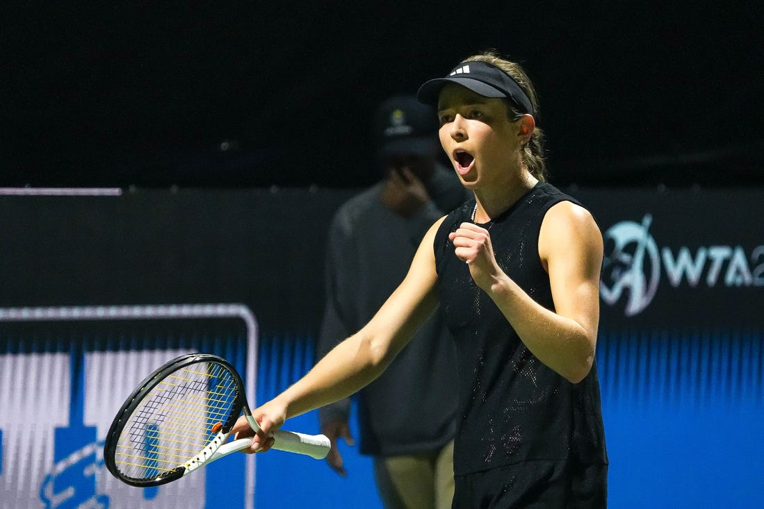 American tennis player Katie Volynets celebrates a game win during her ATX Open semifinal match against Varvara Gracheva at the Westwood Country Club on Saturday, March. 4, 2023 in Austin.