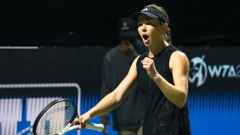 American tennis player Katie Volynets celebrates a game win during her ATX Open semifinal match against Varvara Gracheva at the Westwood Country Club on Saturday, March. 4, 2023 in Austin.