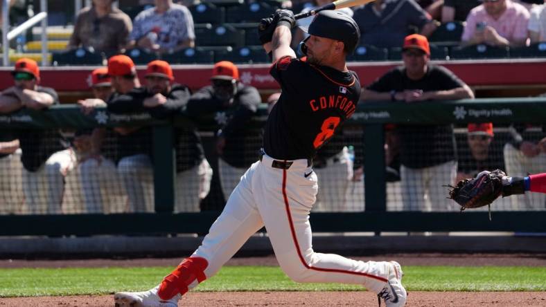 Mar 1, 2024; Scottsdale, Arizona, USA; San Francisco Giants left fielder Michael Conforto (8) bats against the Texas Rangers during the first inning at Scottsdale Stadium. Mandatory Credit: Joe Camporeale-USA TODAY Sports