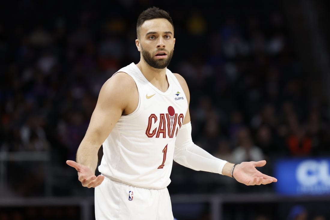 Mar 1, 2024; Detroit, Michigan, USA;  Cleveland Cavaliers guard Max Strus (1) reacts during the first half against the Detroit Pistons at Little Caesars Arena. Mandatory Credit: Rick Osentoski-USA TODAY Sports