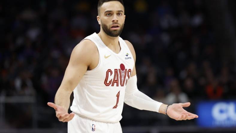 Mar 1, 2024; Detroit, Michigan, USA;  Cleveland Cavaliers guard Max Strus (1) reacts during the first half against the Detroit Pistons at Little Caesars Arena. Mandatory Credit: Rick Osentoski-USA TODAY Sports