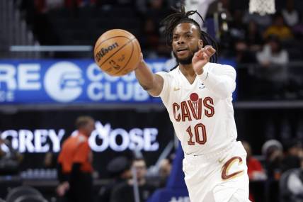 Mar 1, 2024; Detroit, Michigan, USA;  Cleveland Cavaliers guard Darius Garland (10) passes in the first half against the Detroit Pistons at Little Caesars Arena. Mandatory Credit: Rick Osentoski-USA TODAY Sports