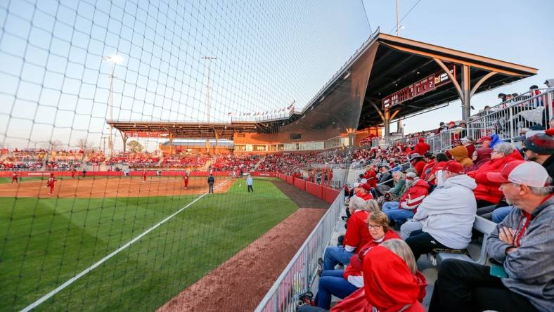 Fans fill the stadium during an NCAA softball game between Oklahoma (OU) and Liberty on opening day of Oklahoma softball stadium Love's Field in Norman, Okla., on Friday, March 1, 2024.