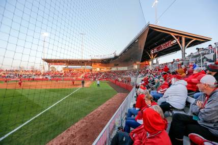 Fans fill the stadium during an NCAA softball game between Oklahoma (OU) and Liberty on opening day of Oklahoma softball stadium Love's Field in Norman, Okla., on Friday, March 1, 2024.
