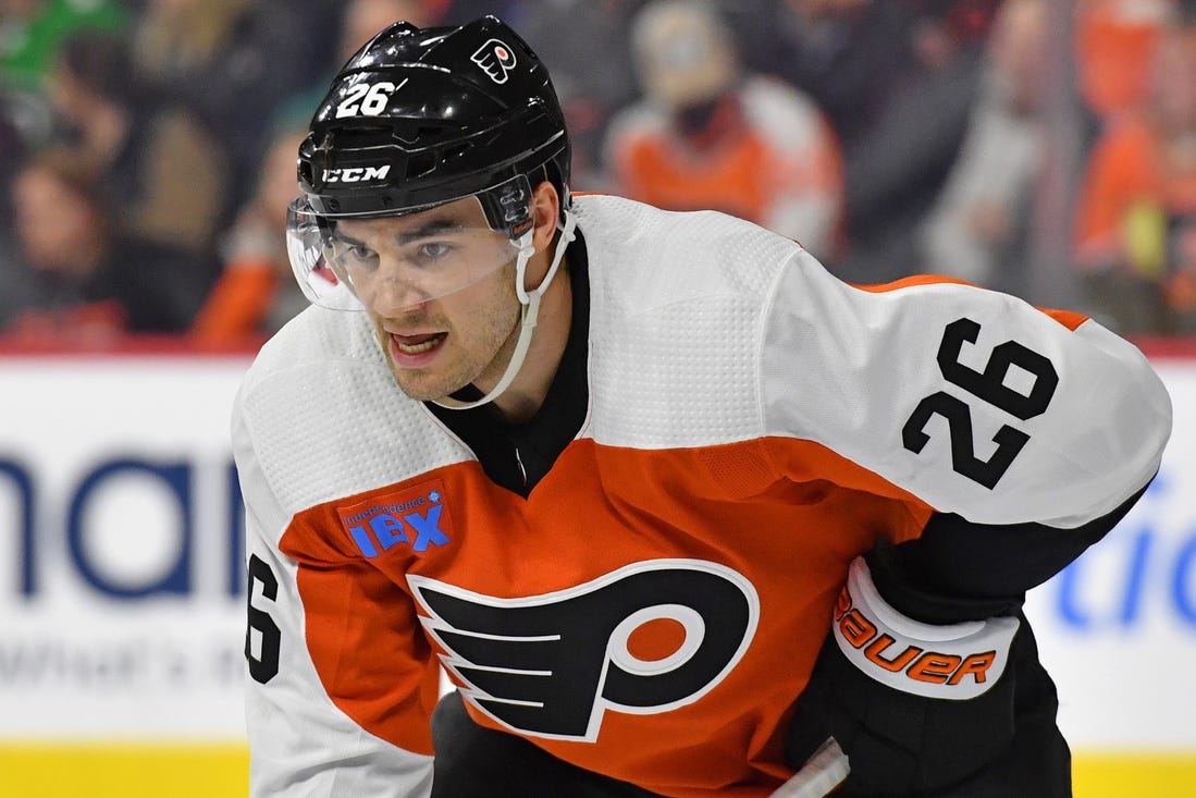 Feb 27, 2024; Philadelphia, Pennsylvania, USA; Philadelphia Flyers defenseman Sean Walker (26) against the Tampa Bay Lightning at Wells Fargo Center. Mandatory Credit: Eric Hartline-USA TODAY Sports