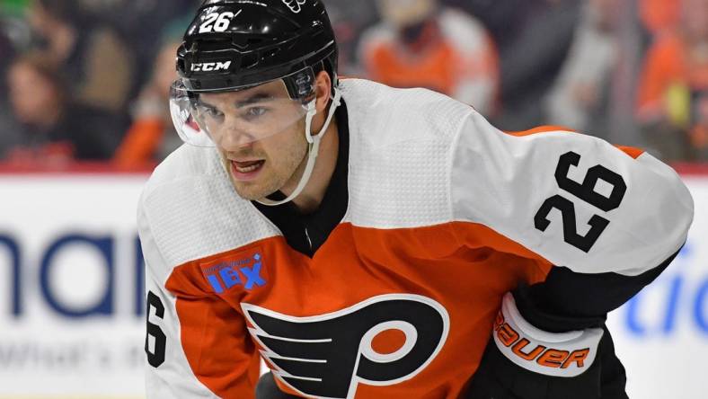 Feb 27, 2024; Philadelphia, Pennsylvania, USA; Philadelphia Flyers defenseman Sean Walker (26) against the Tampa Bay Lightning at Wells Fargo Center. Mandatory Credit: Eric Hartline-USA TODAY Sports