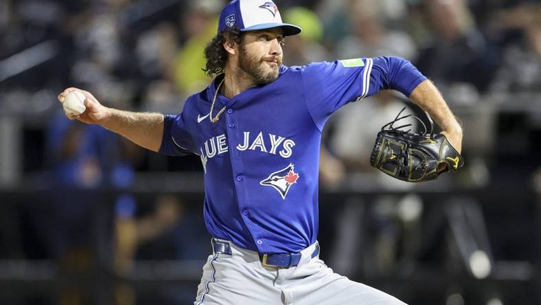 Mar 1, 2024; Tampa, Florida, USA;  Toronto Blue Jays relief pitcher Jordan Romano (68) throws a pitch against the New York Yankees in the third inning at George M. Steinbrenner Field. Mandatory Credit: Nathan Ray Seebeck-USA TODAY Sports