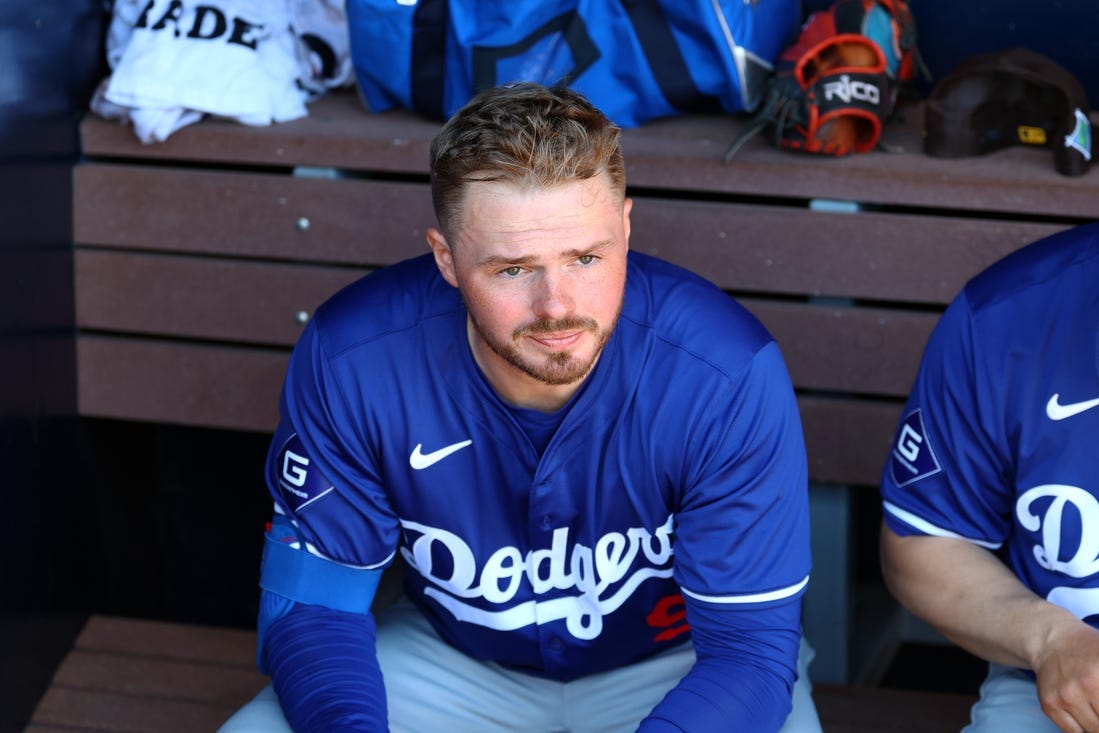 Feb 22, 2024; Peoria, Arizona, USA; Los Angeles Dodgers infielder Gavin Lux against the San Diego Padres during a spring training game at Peoria Sports Complex. Mandatory Credit: Mark J. Rebilas-USA TODAY Sports