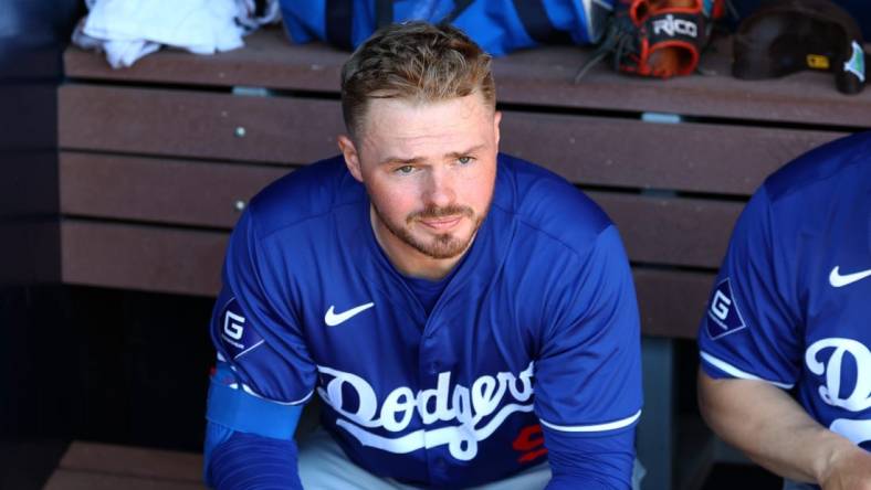 Feb 22, 2024; Peoria, Arizona, USA; Los Angeles Dodgers infielder Gavin Lux against the San Diego Padres during a spring training game at Peoria Sports Complex. Mandatory Credit: Mark J. Rebilas-USA TODAY Sports