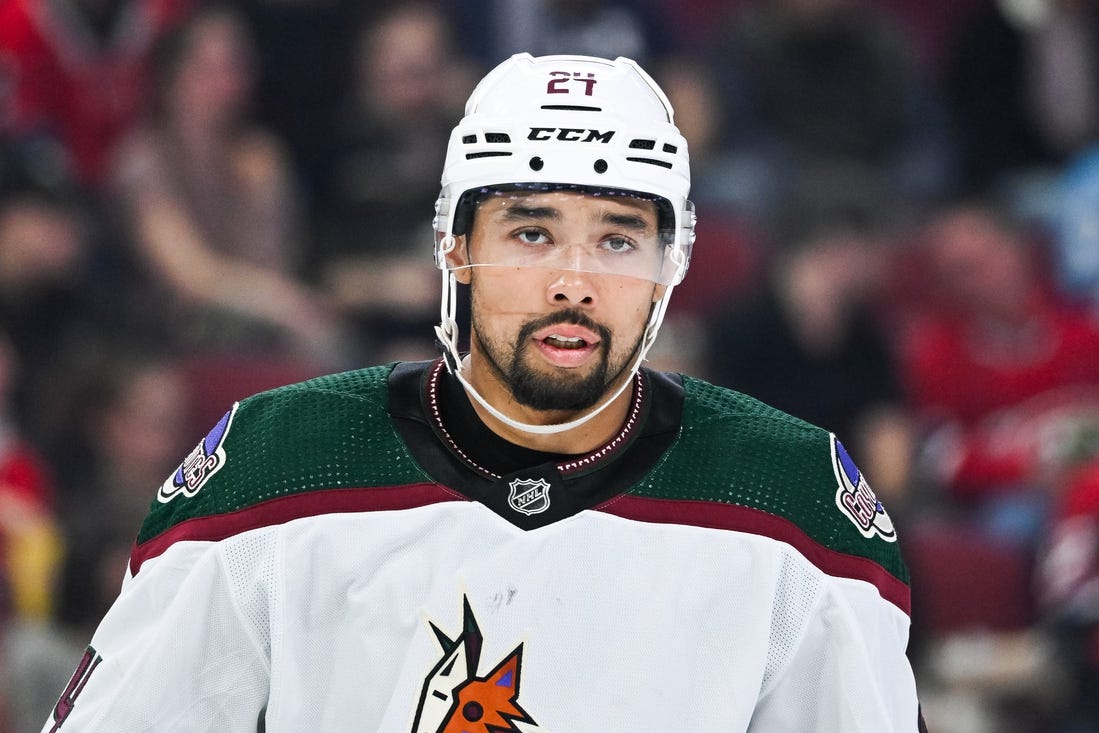 Feb 27, 2024; Montreal, Quebec, CAN; Arizona Coyotes defenseman Matt Dumba (24) looks on against the Montreal Canadiens during the second period at Bell Centre. Mandatory Credit: David Kirouac-USA TODAY Sports