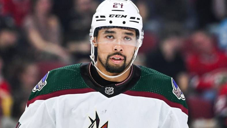 Feb 27, 2024; Montreal, Quebec, CAN; Arizona Coyotes defenseman Matt Dumba (24) looks on against the Montreal Canadiens during the second period at Bell Centre. Mandatory Credit: David Kirouac-USA TODAY Sports