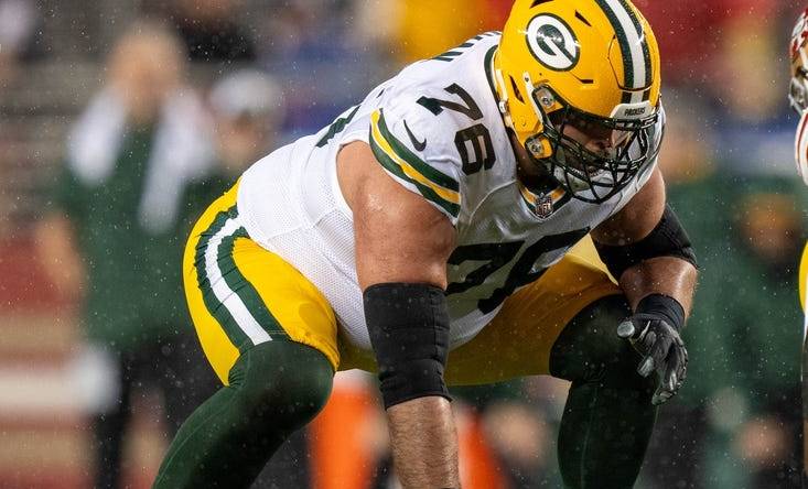 January 20, 2024; Santa Clara, CA, USA; Green Bay Packers guard Jon Runyan (76) during the first quarter in a 2024 NFC divisional round game against the San Francisco 49ers at Levi's Stadium. Mandatory Credit: Kyle Terada-USA TODAY Sports