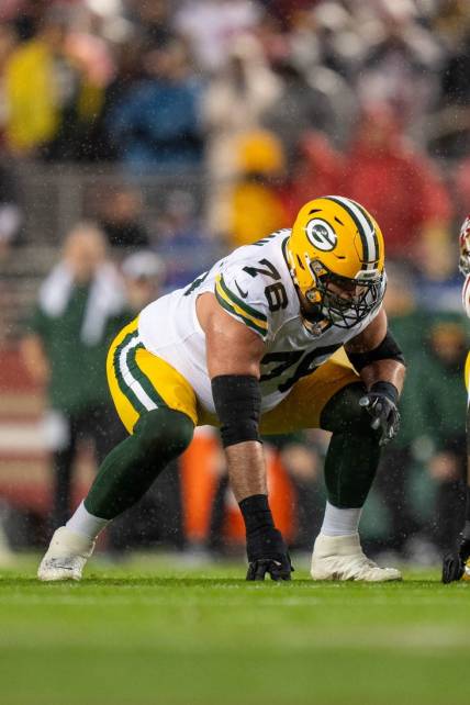 January 20, 2024; Santa Clara, CA, USA; Green Bay Packers guard Jon Runyan (76) during the first quarter in a 2024 NFC divisional round game against the San Francisco 49ers at Levi's Stadium. Mandatory Credit: Kyle Terada-USA TODAY Sports