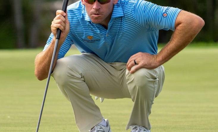 January 13, 2024; Honolulu, Hawaii, USA; Ben Kohles lines up his putt on the first hole during the third round of the Sony Open in Hawaii golf tournament at Waialae Country Club. Mandatory Credit: Kyle Terada-USA TODAY Sports