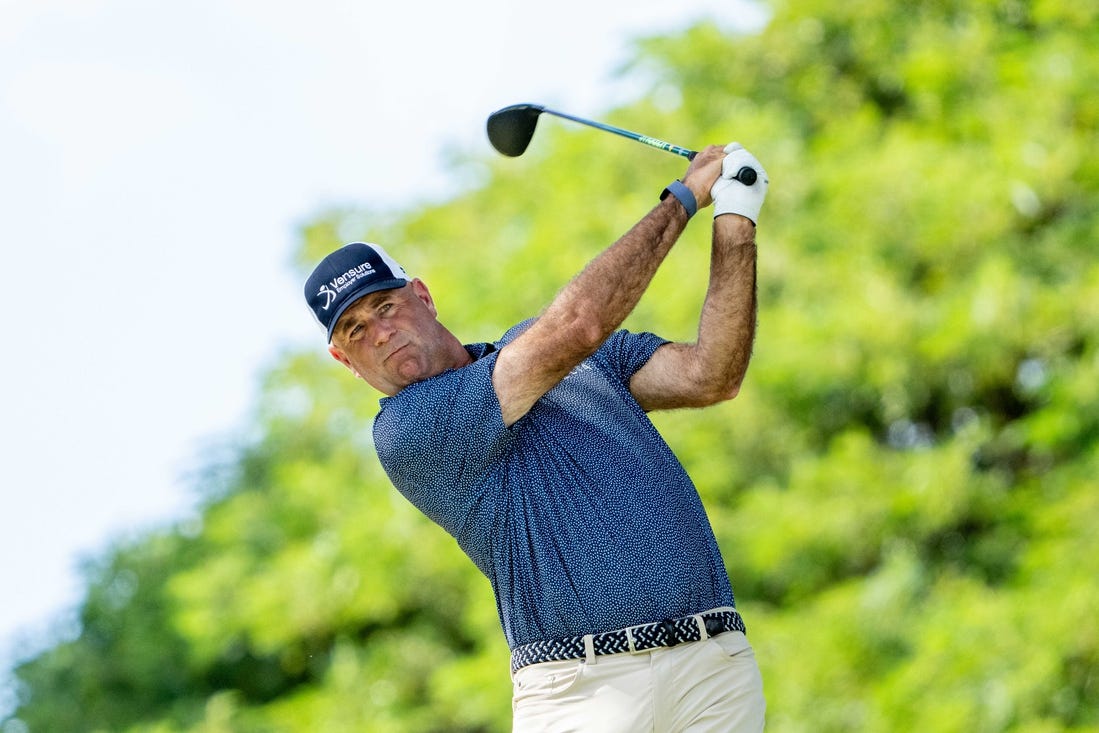 January 13, 2024; Honolulu, Hawaii, USA; Stewart Cink hits his tee shot on the second hole during the third round of the Sony Open in Hawaii golf tournament at Waialae Country Club. Mandatory Credit: Kyle Terada-USA TODAY Sports