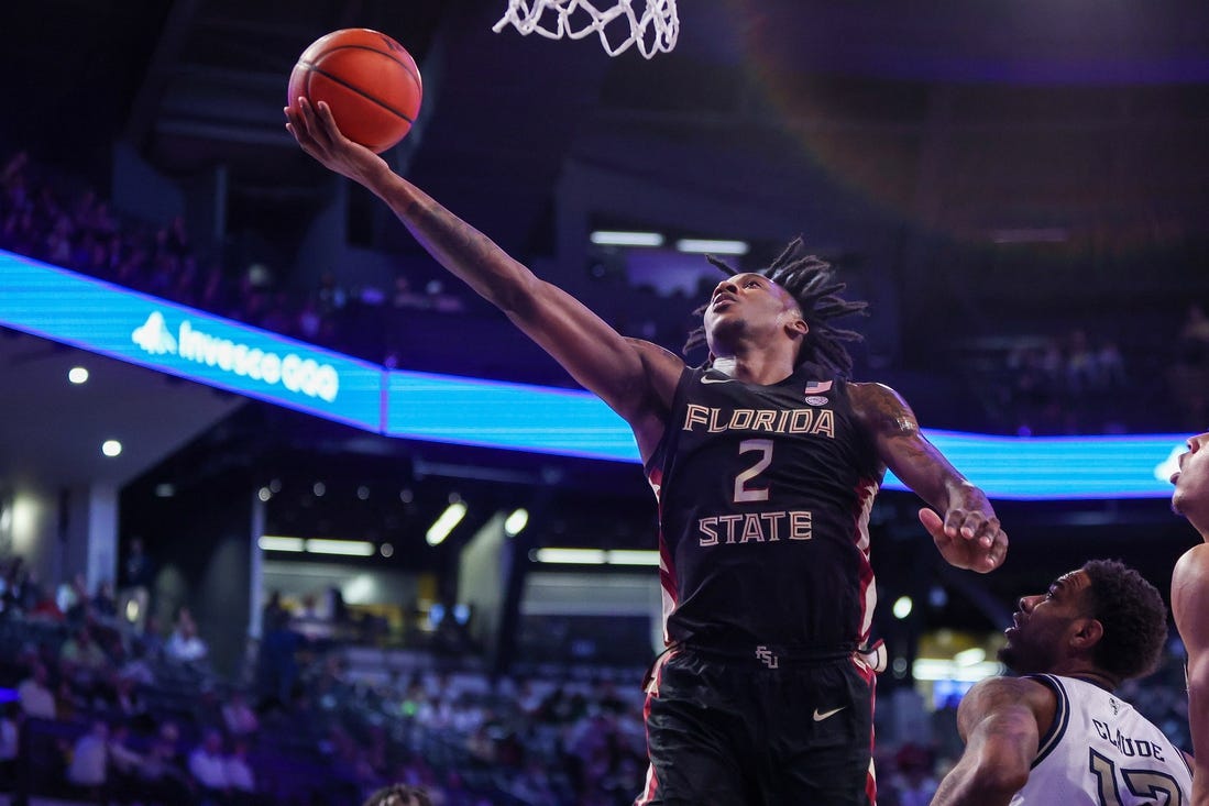 Mar 2, 2024; Atlanta, Georgia, USA; Florida State Seminoles forward Jamir Watkins (2) shoots against the Georgia Tech Yellow Jackets in the first half at McCamish Pavilion. Mandatory Credit: Brett Davis-USA TODAY Sports