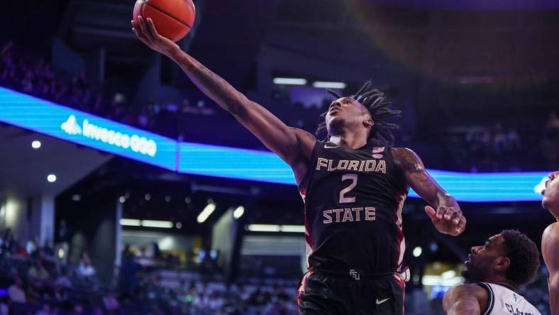 Mar 2, 2024; Atlanta, Georgia, USA; Florida State Seminoles forward Jamir Watkins (2) shoots against the Georgia Tech Yellow Jackets in the first half at McCamish Pavilion. Mandatory Credit: Brett Davis-USA TODAY Sports