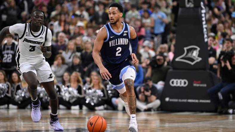 Mar 2, 2024; Providence, Rhode Island, USA; Villanova Wildcats guard Mark Armstrong (2) dribbles during the second half against the Providence Friars at Amica Mutual Pavilion. Mandatory Credit: Eric Canha-USA TODAY Sports