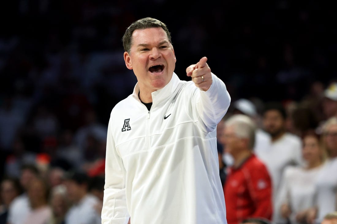 Mar 2, 2024; Tucson, Arizona, USA; Arizona Wildcats head coach Tommy Lloyd on the sidelines against the Oregon Ducks during the first half at McKale Center. Mandatory Credit: Zachary BonDurant-USA TODAY Sports