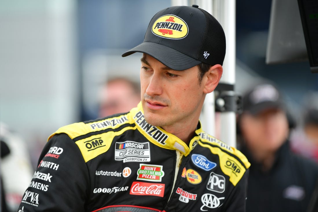 Mar 2, 2024; Las Vegas, Nevada, USA; NASCAR Cup Series driver Joey Logano (22) during qualifying at Las Vegas Motor Speedway. Mandatory Credit: Gary A. Vasquez-USA TODAY Sports