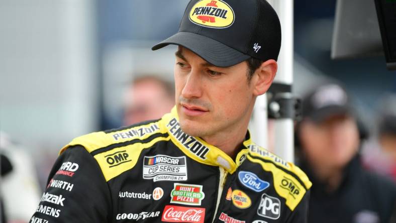 Mar 2, 2024; Las Vegas, Nevada, USA; NASCAR Cup Series driver Joey Logano (22) during qualifying at Las Vegas Motor Speedway. Mandatory Credit: Gary A. Vasquez-USA TODAY Sports