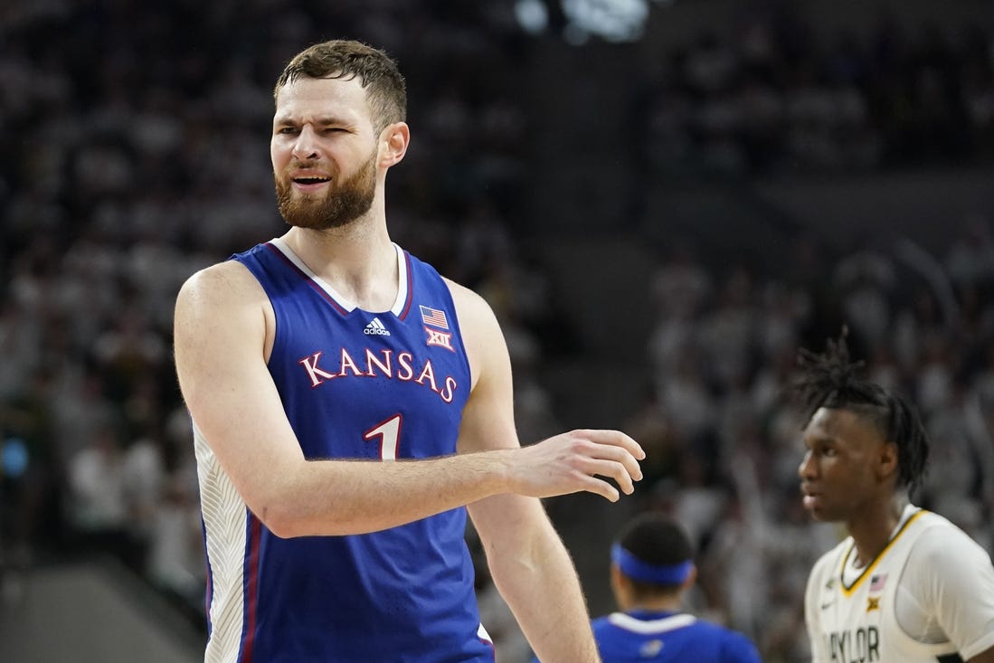 Mar 2, 2024; Waco, Texas, USA; Kansas Jayhawks center Hunter Dickinson (1) reacts to a foul call during the second half against the Baylor Bears at Paul and Alejandra Foster Pavilion. Mandatory Credit: Raymond Carlin III-USA TODAY Sports