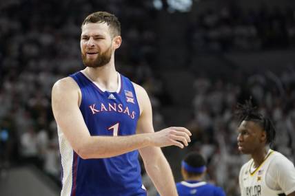 Mar 2, 2024; Waco, Texas, USA; Kansas Jayhawks center Hunter Dickinson (1) reacts to a foul call during the second half against the Baylor Bears at Paul and Alejandra Foster Pavilion. Mandatory Credit: Raymond Carlin III-USA TODAY Sports