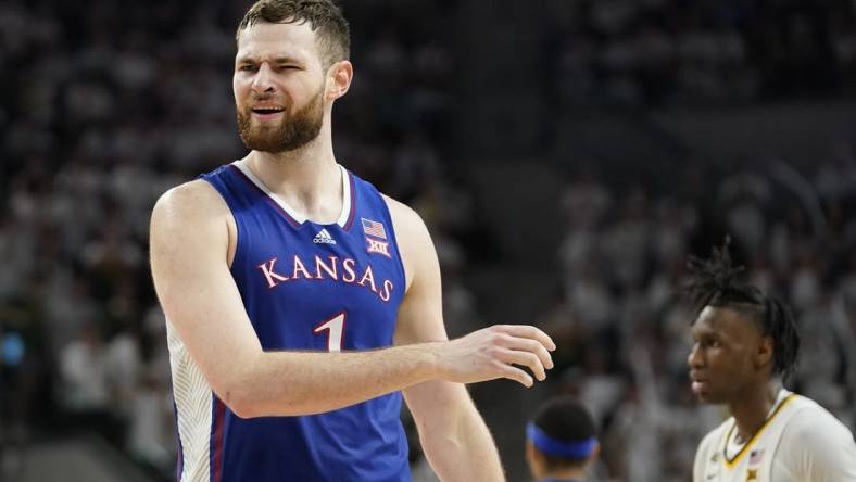 Mar 2, 2024; Waco, Texas, USA; Kansas Jayhawks center Hunter Dickinson (1) reacts to a foul call during the second half against the Baylor Bears at Paul and Alejandra Foster Pavilion. Mandatory Credit: Raymond Carlin III-USA TODAY Sports