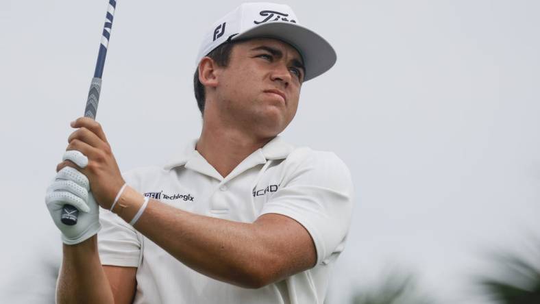 Mar 2, 2024; Palm Beach Gardens, Florida, USA; Garrick Higgo plays his shot from the fourth tee during the third round of the Cognizant Classic in The Palm Beaches golf tournament. Mandatory Credit: Reinhold Matay-USA TODAY Sports