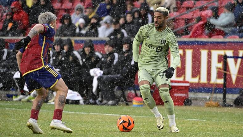 Mar 2, 2024; Sandy, Utah, USA; LAFC forward Denis Bouanga (99) controls the ball against Real Salt Lake at America First Field. Mandatory Credit: Christopher Creveling-USA TODAY Sports