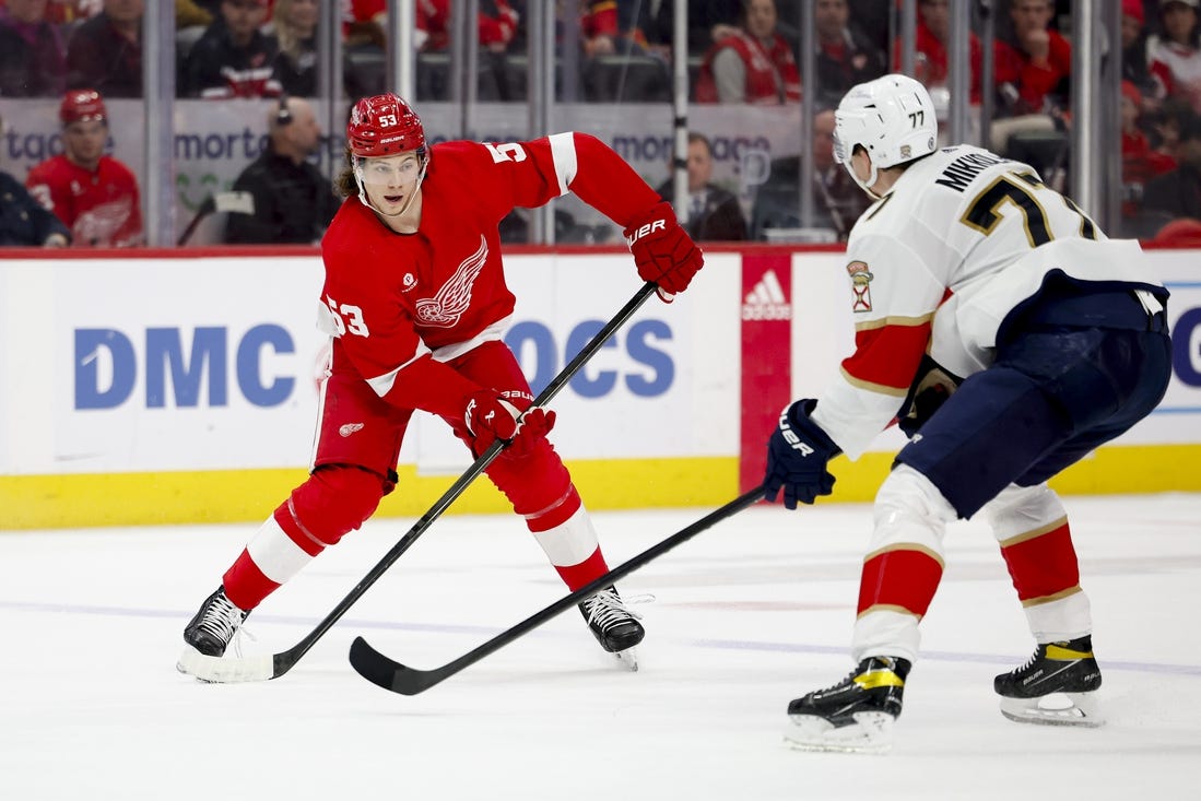 Mar 2, 2024; Detroit, Michigan, USA; Detroit Red Wings defenseman Moritz Seider (53) controls the puck while defended by Florida Panthers defenseman Niko Mikkola (77) in the second period at Little Caesars Arena. Mandatory Credit: Rick Osentoski-USA TODAY Sports defense