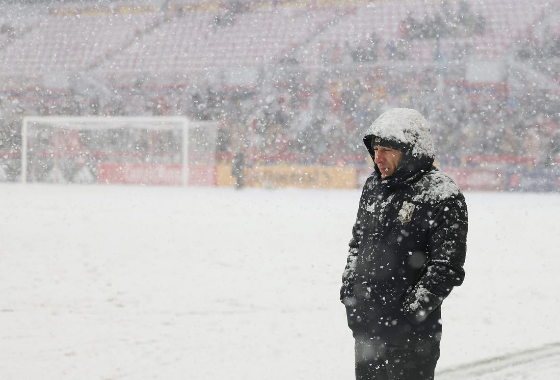 Mar 2, 2024; Sandy, Utah, USA;  LAFC head coach Steve Cherundolo on the sideline against Real Salt Lake at America First Field. Mandatory Credit: Rob Gray-USA TODAY Sports