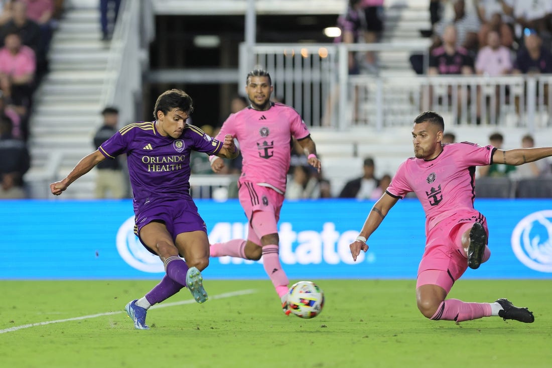 Mar 2, 2024; Fort Lauderdale, Florida, USA; Orlando City forward Ramiro Enrique (7) attempts a shot at goal during the second half against Inter Miami CF at Chase Stadium. Mandatory Credit: Sam Navarro-USA TODAY Sports