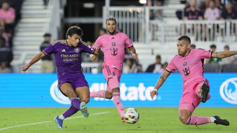 Mar 2, 2024; Fort Lauderdale, Florida, USA; Orlando City forward Ramiro Enrique (7) attempts a shot at goal during the second half against Inter Miami CF at Chase Stadium. Mandatory Credit: Sam Navarro-USA TODAY Sports