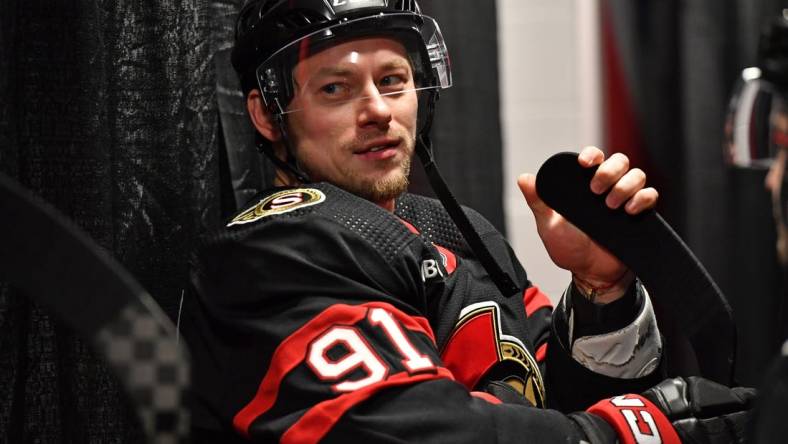 Mar 2, 2024; Philadelphia, Pennsylvania, USA; Ottawa Senators right wing Vladimir Tarasenko (91) in the tunnel before warmups against the Philadelphia Flyers at Wells Fargo Center. Mandatory Credit: Eric Hartline-USA TODAY Sports