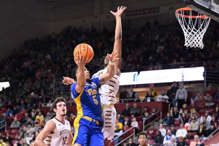 Mar 2, 2024; Chestnut Hill, Massachusetts, USA; Pittsburgh Panthers guard Ishmael Leggett (5) shoots a lay up against the Boston College Eagles during the first half at Conte Forum. Mandatory Credit: Eric Canha-USA TODAY Sports