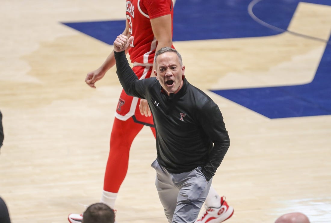 Mar 2, 2024; Morgantown, West Virginia, USA; Texas Tech Red Raiders head coach Grant McCasland argues a call during the first half against the West Virginia Mountaineers at WVU Coliseum. Mandatory Credit: Ben Queen-USA TODAY Sports