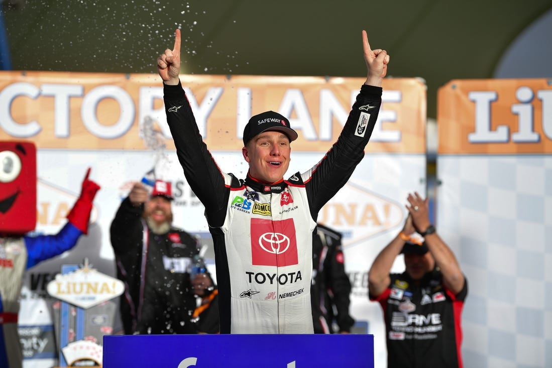 Mar 2, 2024; Las Vegas, Nevada, USA; NASCAR Xfinity Series driver John Hunter Nemechek (20) celebrates his victory of the Liuna 300 at Las Vegas Motor Speedway. Mandatory Credit: Gary A. Vasquez-USA TODAY Sports