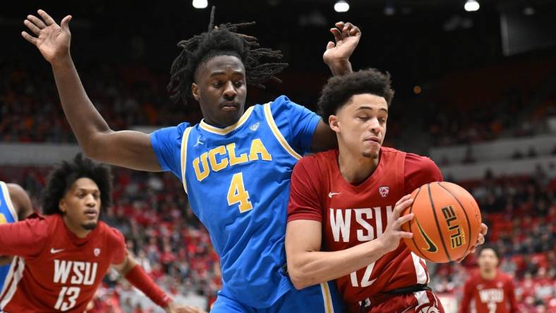 Mar 2, 2024; Pullman, Washington, USA; Washington State Cougars guard Isaiah Watts (12) controls the ball against UCLA Bruins guard Will McClendon (4) in the first half at Friel Court at Beasley Coliseum. Mandatory Credit: James Snook-USA TODAY Sports