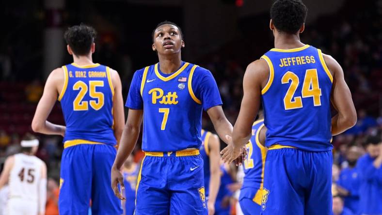 Mar 2, 2024; Chestnut Hill, Massachusetts, USA; Pittsburgh Panthers guard Carlton Carrington (7) and forward William Jeffress (24) react to game action during the second half against the Boston College Eagles at Conte Forum. Mandatory Credit: Eric Canha-USA TODAY Sports