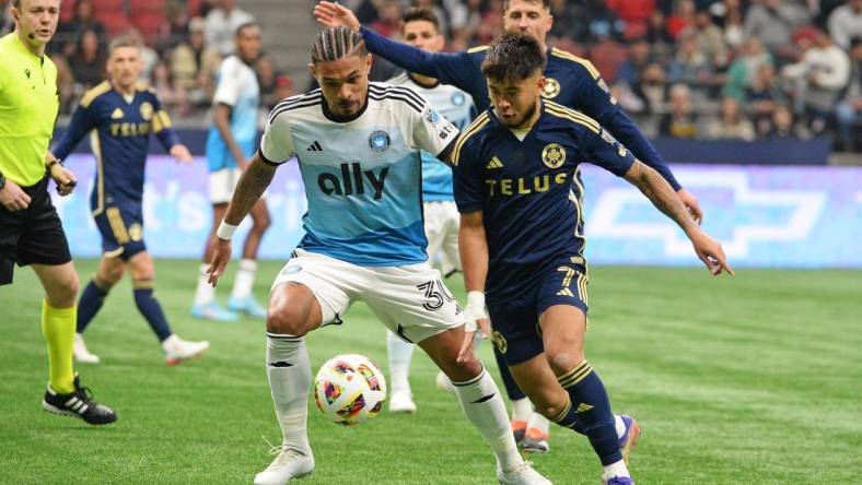 Mar 2, 2024; Vancouver, British Columbia, CAN; Charlotte FC defender Jere Uronen (3) and Vancouver Whitecaps FC midfielder Ryan Raposo (7) race after the ball during the first half at BC Place. Mandatory Credit: Anne-Marie Sorvin-USA TODAY Sports