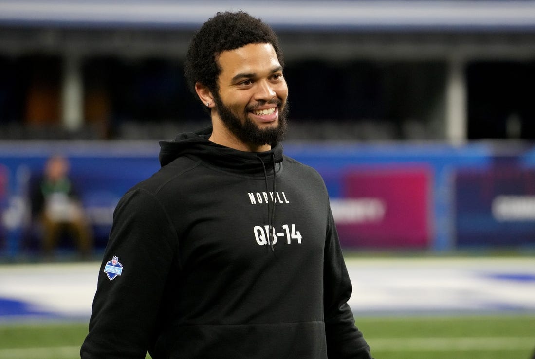 Mar 2, 2024; Indianapolis, IN, USA; Southern California quarterback Caleb Williams (QB14) during the 2024 NFL Combine at Lucas Oil Stadium. Mandatory Credit: Kirby Lee-USA TODAY Sports