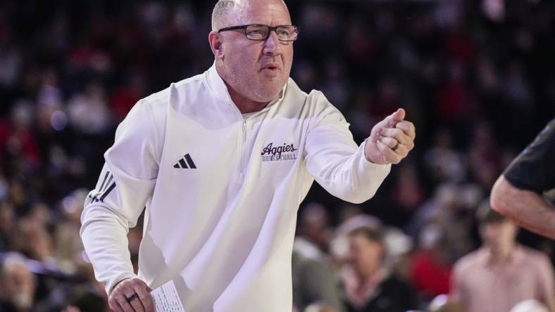 Mar 2, 2024; Athens, Georgia, USA; Texas A&M Aggies head coach Buzz Williams reacts during the game against the Georgia Bulldogs at Stegeman Coliseum. Mandatory Credit: Dale Zanine-USA TODAY Sports