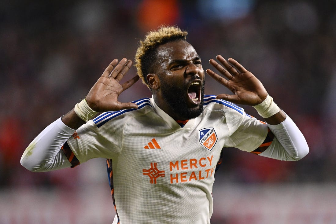 Mar 2, 2024; Chicago, Illinois, USA; FC Cincinnati forward Aaron Boupendza (9) celebrates after scoring against the Chicago Fire FC in the first half at Soldier Field. Mandatory Credit: Jamie Sabau-USA TODAY Sports