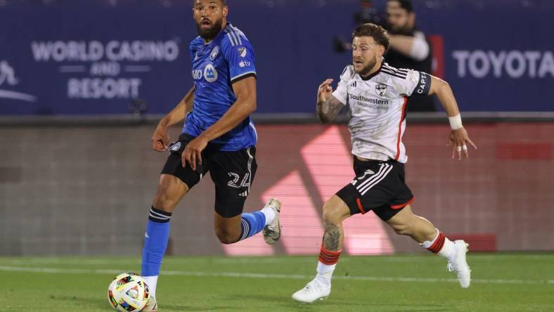 Mar 2, 2024; Frisco, Texas, USA; CF Montreal defender George Campbell (24) controls the ball against FC Dallas forward Paul Arriola (7) during the first half at Toyota Stadium. Mandatory Credit: Andrew Dieb-USA TODAY Sports