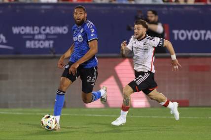 Mar 2, 2024; Frisco, Texas, USA; CF Montreal defender George Campbell (24) controls the ball against FC Dallas forward Paul Arriola (7) during the first half at Toyota Stadium. Mandatory Credit: Andrew Dieb-USA TODAY Sports